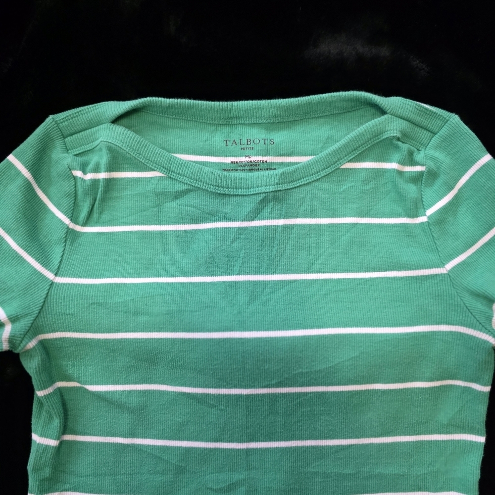 Talbots Green and White Striped Short Sleeve Tee - Picture 3 of 6